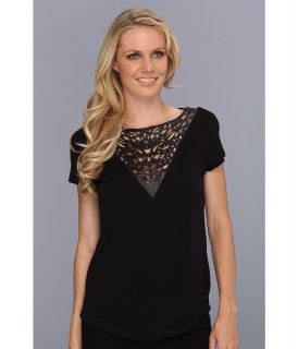 Townsen Leather Laser Cut Top Womens Short Sleeve Pullover (Black)