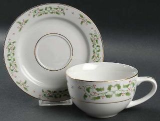 Gibson Designs Holiday Charm Flat Cup & Saucer Set, Fine China Dinnerware   Holl
