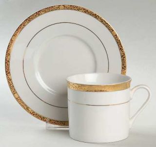 China Pearl Imperial Flat Cup & Saucer Set, Fine China Dinnerware   White,Gold V