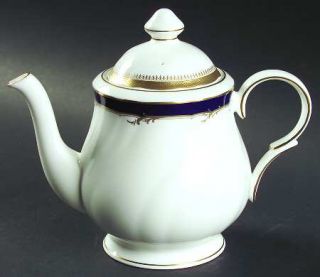 Nikko Rochelle Teapot & Lid, Fine China Dinnerware   Bone,Blue Band,Gold Etched