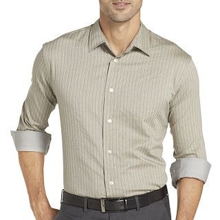 Van Heusen Long Sleeve Button Front Shirt, Khaki Stripe, Mens