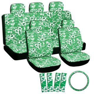 Oxgord Hawaii Green 17 piece Seat Cover Set (Green/whiteBucket dimensions 11.5 inches high x 6.5 inches wide x 8.5 inches deep Bench dimensions 50 inches wide x 21 inches highSet IncludesTwo (2) front seat coversOne (1) bench coverFive (5) head rest cov