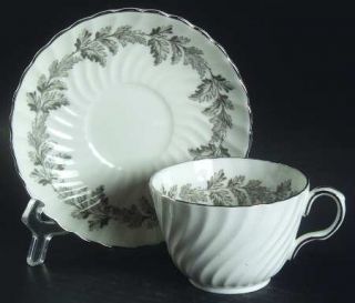 John Aynsley Oak Leaf Gray (Fluted) Flat Cup & Saucer Set, Fine China Dinnerware