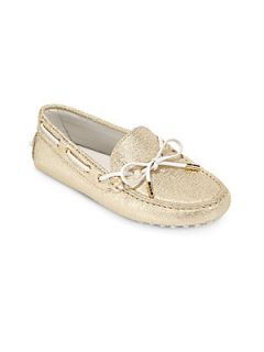 Tods Girls Textured Metallic Leather Driver Loafers   Gold