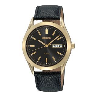 Seiko Solar Mens Gold Tone Leather Strap Watch