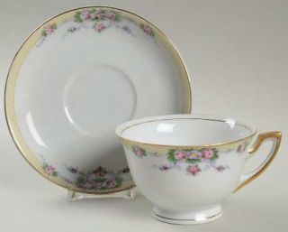 Meito Buffalo Footed Cup & Saucer Set, Fine China Dinnerware   Yellow Band,Pink