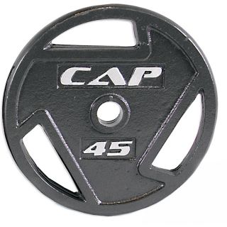 Cap Barbell 45 Lb Olympic Grip Plate (45 poundsOversized grip areas allow for easy handlingCoated with baked enamelBlack finishMade of solid cast ironAccommodates 2 inch barsDimensions 17 inches high x 17 inches wide x 1.5 inches deepModel OPHW 045 )