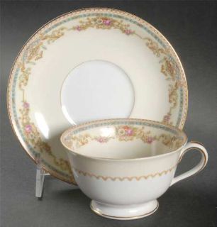 Noritake Messina (4717) Footed Cup & Saucer Set, Fine China Dinnerware   Blue/Gr