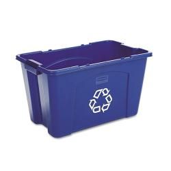 Rubbermaid Commercial 18 gallon Stacking Recycle Rectangular Blue Bin (BlueMaterials PolyethyleneDimensions 16 inches wide x 14.75 inches high x 26 inches deepGallons 18Easy grip handles make lifting and stacking multiple containers simpleLow density p