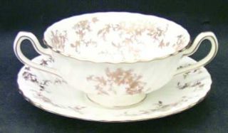 Minton Ancestral Gold Footed Cream Soup Bowl & Saucer Set, Fine China Dinnerware