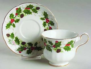 Royal Grafton Noel Footed Cup & Saucer Set, Fine China Dinnerware   Holly & Berr