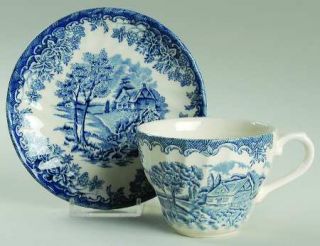 Churchill China Brook Blue, The (Made In England) Flat Cup & Saucer Set, Fine Ch