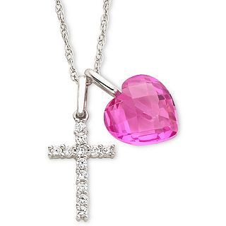 Sterling Silver Lab Created White Sapphire Cross & Pink Sapphire Heart Pendant,