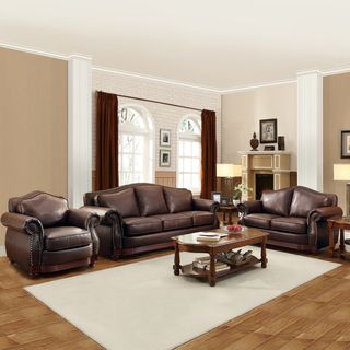Myles Traditional Chocolate Bonded Leather Rolled Arm 3 piece Sofa Set