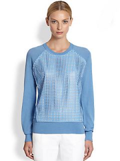 Reed Krakoff Bionic Laser Cut Leather Front Baseball Sweater   Sky Blue