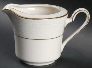 Noritake Tulane Creamer, Fine China Dinnerware   White Scrolls On Rim,Gold Inner