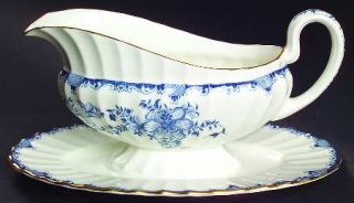 Royal Worcester Mansfield Blue Gravy Boat with Attached Underplate, Fine China D