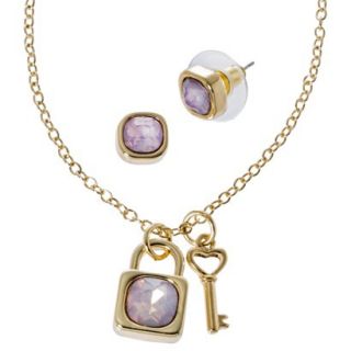 Lonna & Lilly Lock and Key Necklace and Earring Set   Gold/Pink