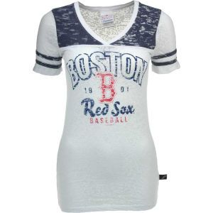 Boston Red Sox 5th and Ocean MLB Womens V Neck Burnout with Sleeve Stripe