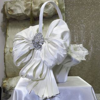 Ivory Silk And Lace Flower Girl Basket (IvoryMaterials Silk, lace, and crystalDimensions 12 inches high (including handle) x 9 inches wide (including bow) )