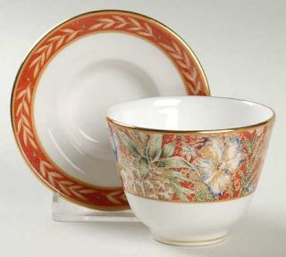 Wedgwood Augustus Asian Flat Cup & Saucer Set, Fine China Dinnerware   Red Band,