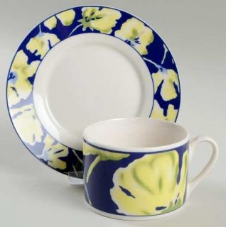 Oneida Jasmine Flat Cup & Saucer Set, Fine China Dinnerware   Yellow/White/Green
