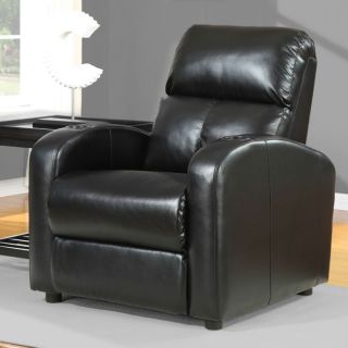 Tracy Black Bonded Leather Recliner (Black Materials 100 percent bonded leather Great for theater seatingPush back to reclineHardwood and plywood frameElastic web back and spring seat constructionResin legsConvenient drink holders on armsDimensions 41 i