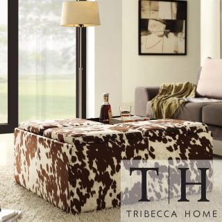 Tribecca Home Decor Brown White Cow Hide Storage Ottoman