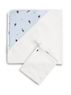 Ralph Lauren Infants Two Piece Bear Hooded Towel & Mitt Set   White Blue