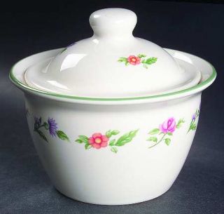 Pfaltzgraff Olivia Sugar Bowl & Lid, Fine China Dinnerware   Floral Rim, Green