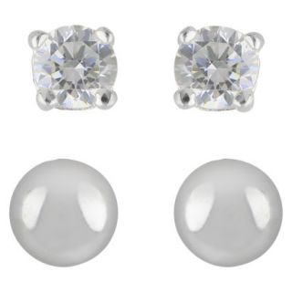 Womens Sterling Silver Stud Earrings Set of 2 Ball and Cubic Zirconia Stone  