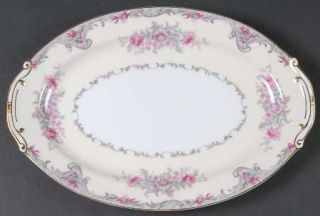 Grace Corsage 12 Oval Serving Platter, Fine China Dinnerware   Gray/Pink Flower