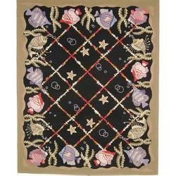 Hand hooked Gold Fish Black Wool Rug (89 X 119)