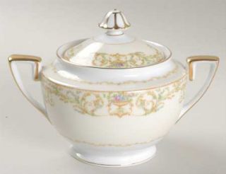 Noritake Vanity Sugar Bowl & Lid, Fine China Dinnerware   Green/Tan Scrolls&Urns