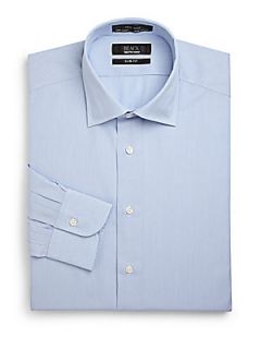 Pinstriped Cotton Button Front Shirt/Slim Fit   Blue
