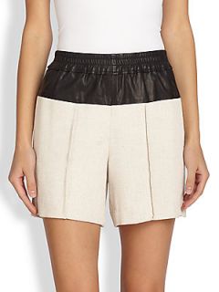 A.L.C. Cliffe Leather Paneled Woven Shorts   Natural Black