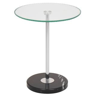 Ripple Modern End Table (Black Finish Shiny chromed metal stem and polished black marble base Glass 17.5 inch diameterBase 11.5 inch diameterOverall dimensions 21.75 inches high x 17.5 inch diameter top x 11.75 inch diameter baseNumber of shelves One