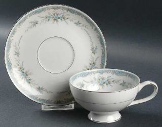 Mikasa Roslyn Footed Cup & Saucer Set, Fine China Dinnerware   Blue Flowers,Gray