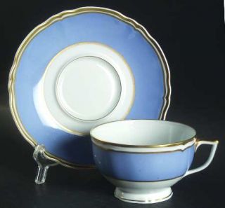 Raynaud Polka Blue Footed Cup & Saucer Set, Fine China Dinnerware   Blue Rim,Gol