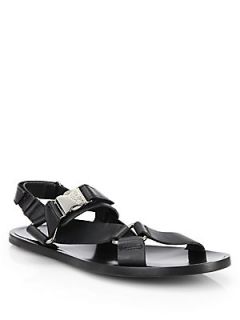 Versace Collection Logo Buckle Leather Sandals   Black