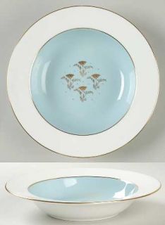Minton Aurora Turquoise Rim Soup Bowl, Fine China Dinnerware   Gold Flowers,Whit