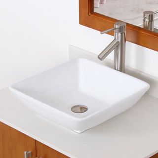Elite High Temperature Brushed Nickel Square Ceramic Bathroom Sink Faucet Combo (White Interior/Exterior Both Dimensions 16.5 inches long x 16.5 inches wide x 5 inches high Faucet settings Tall vessel style faucet Type Bathroom sink Material High tem