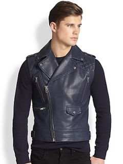 Andrew Marc x Richard Chai Jagger Asymmetrical Leather Vest   Navy