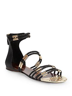 Royale Braided Strappy Flat Sandals   Black