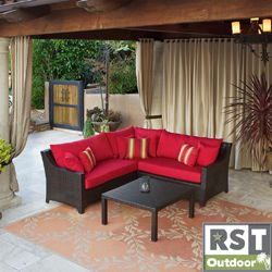 Rst Cantina 4 piece Outdoor Sectional Set (EspressoMaterials Hand woven rattan wicker, powder coated aluminum and olefin fabricFinish Powder coated bronzeCushions includedWeather resistantUV protectionDimensionsSofa 31.5 inches high x 48 inches wide x 
