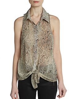 Betty Sleeveless Silk Tie Front Top   Scale Grey