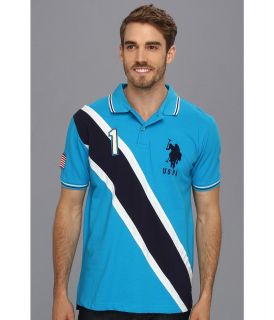 U.S. Polo Assn Solid Polo with Contrast Color Piecing Mens Short Sleeve Knit (Blue)