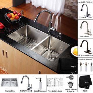 Kraus KHU10333KPF2220KSD30SN 33 inch Undermount Double Bowl Stainless Steel Kitchen Sink with Satin Nickel Kitchen Faucet and Soap Dispenser