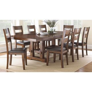 Denver Dining Set (Select hardwoods, mango veneersChair material Select hardwoods, mango veneers, faux leatherFinish Cherry with dark brown highlighting and light distressingUpholstery color Dark brownClassic trestle baseTable features thick apron for 