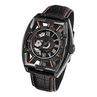 Stuhrling Mens Leather Strap Orange Accent Automatic Skeleton Watch